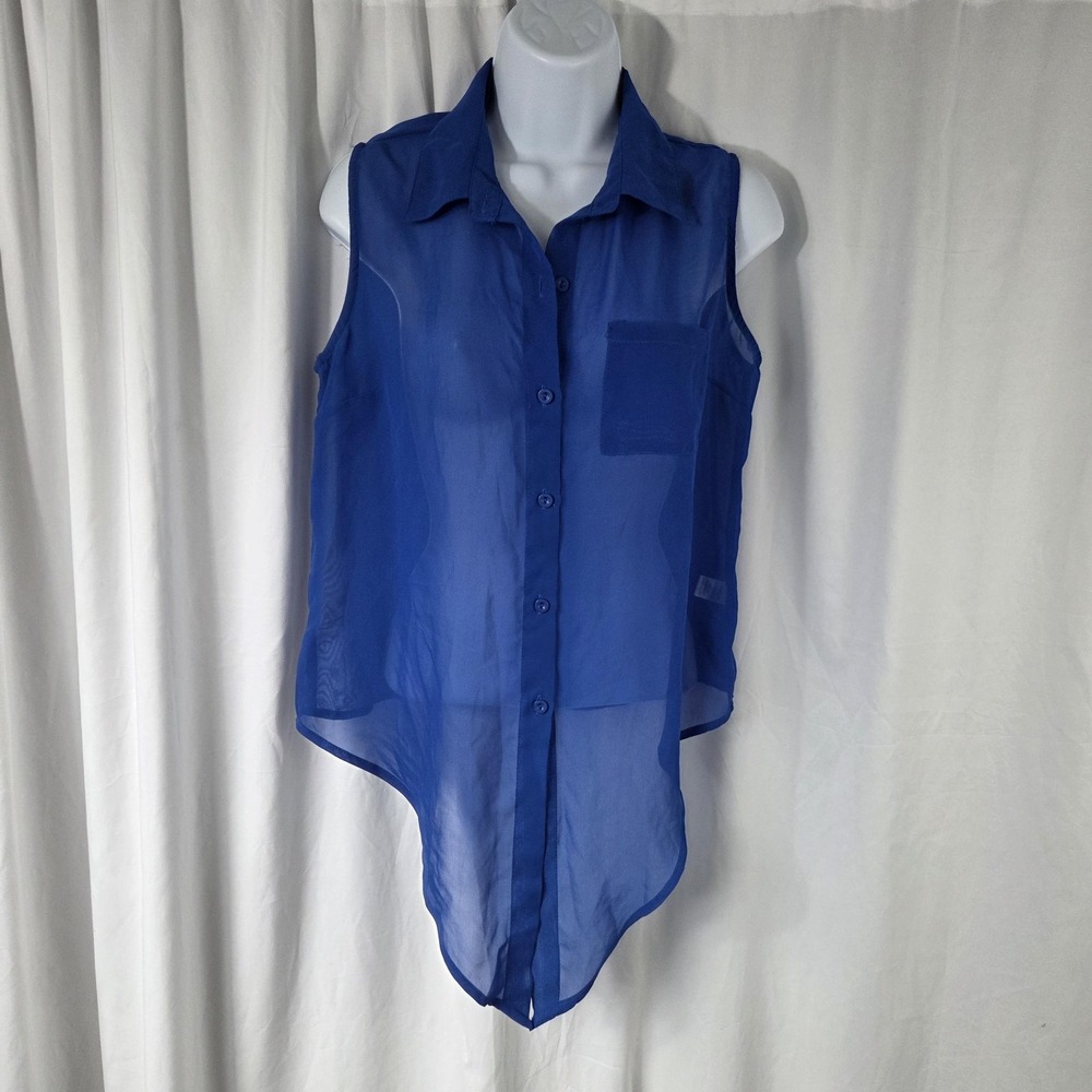 Poetry Blouse Womens Medium Blue Sheer Sleeveless Collared Button Tunic Top